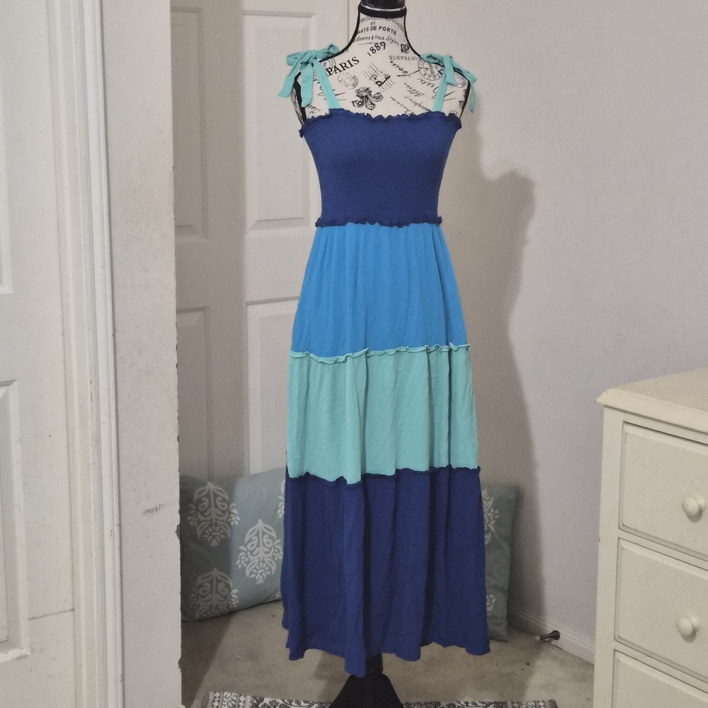 BeBop Navy and Aqua Tiered Midi Dress
